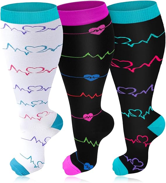 3 Pairs Plus Size Compression Socks for Women & Men, 20-30 mmHg Wide Calf Extra Large Knee High Flight Socks Compression Stockings for Circulation Support