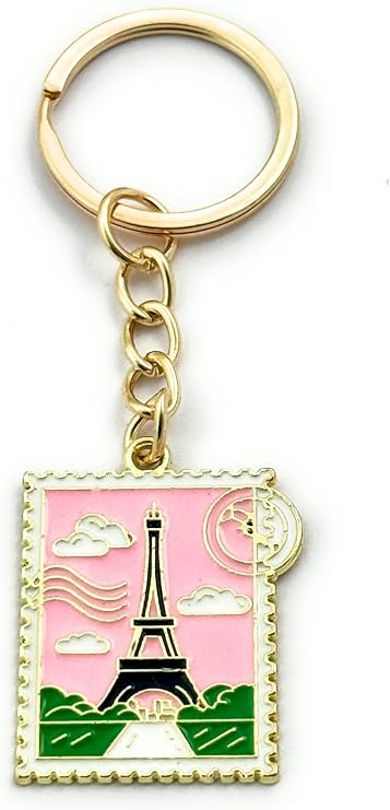 Eiffel Tower Paris Postage Stamp Keyring Key Ring with Enamel Charm and Gold Tone Keychain