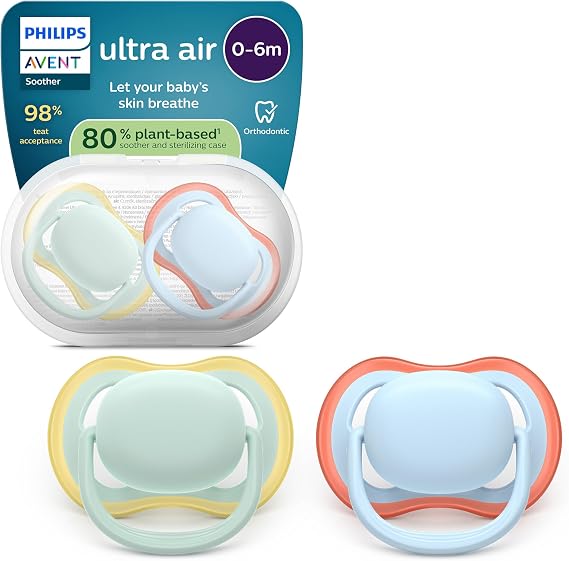 Philips Avent Ultra Air Pacifiers, Anatomically Designed for Babies 0-6 Months, Soft Silicone Symmetrical Teat BPA-Free with Sterilizer Case, 2-Pack, SCF087/01