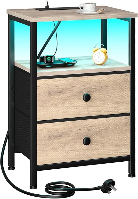 LOAKEKEL Bedside Table, Side Table with Charging Station, Bed Side Table