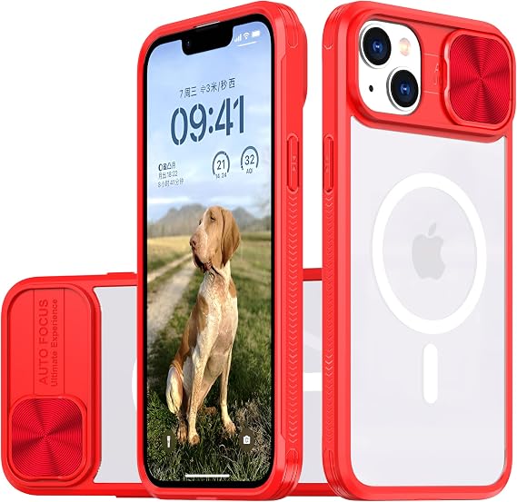 クリアケース iPhone 14 Plus対応 MagSafe スライドカメラカバープロテクター付き 強力マグネット 黄変防止 透明アクリル背面ソフトTPUフレーム iPhone 14 Plus 6.7インチ レッド