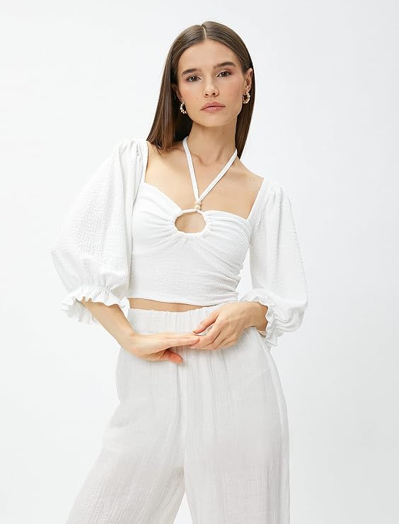 Crop Bluz Gipeli Balon Kol Yaka Detaylı