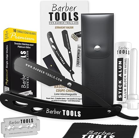 BARBER TOOLS Razor with Box and 5 Razor Blades + Polishing Cloth + Case