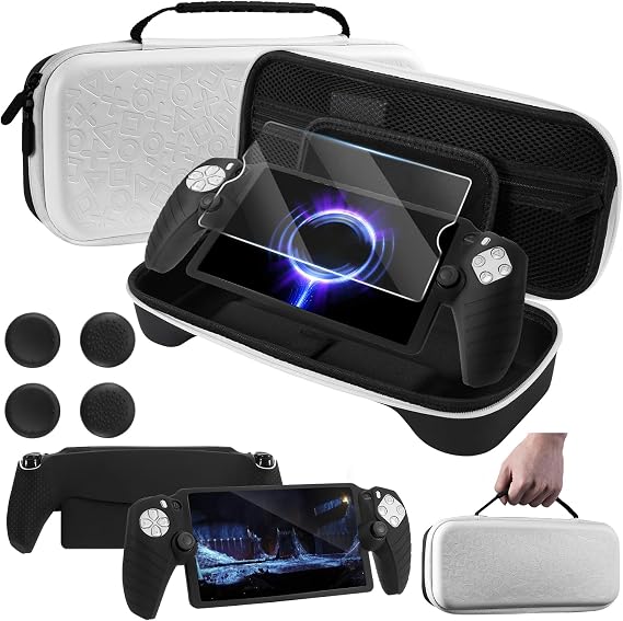 Accessories Bundle for PlayStation Portal Case, Carry Case with Silicone Protective Cover and Screen Protector for PS Portal, Accessories Set for PS5 portal with 4 Thumb Grips - Black & White