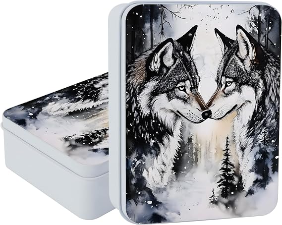 Small Metal Tins Box-4.72" x3.54"x1.57" Rectangular Empty Storage Box With Lid Metal Decorative Organizer Storage Tin Case For Office/kitchen/Pills/Candies/Jewelry/Photos-Black Wolf