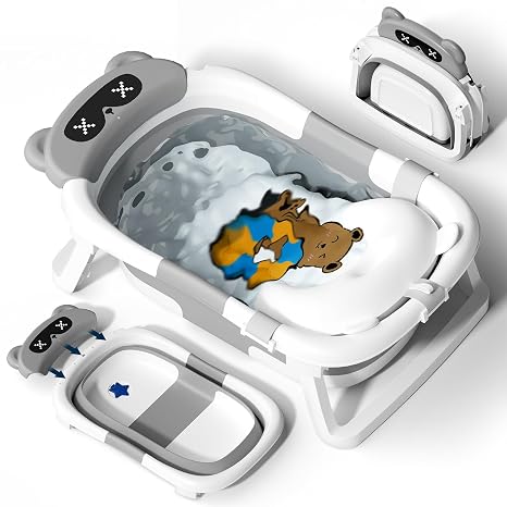 COOSEYA Baby Bath for 0-18 Months Foldable Baby Bath with Soft Cushion and Temperature-Sensitive Drain Valve Ideal Baby Bath for Newborns Bear Design (Grey)