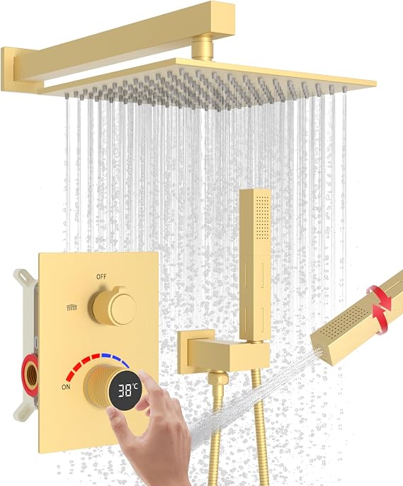 Temperature Display Shower System, Wall Mount 10 Inch Shower Head with 2 in 1 Handheld Shower Faucet Set, Brushed Gold