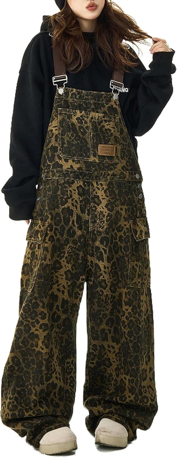 Leopard Print Jeans Denim Jumpsuit Baggy Overalls For Women Y2k Romper Grung Pants Animal Print Pants