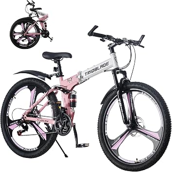 LSLIFE Folding Mountain Bike, 24'' 26'' 27.5'' Folding Bike for Adult 21-Speed Folding Bicycle for Men Women Dual Disc Brakes 3 Spoke Wheels Shock Absorber