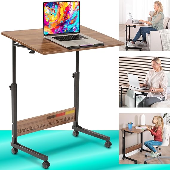 maxVitalis Mobile Laptop Table Desk Computer Desk Care Table Height Adjustable with Wheels Table Top Tiltable Multifunctional Side Table for Bed Sofa Couch Laptop Stand (Wood Look)