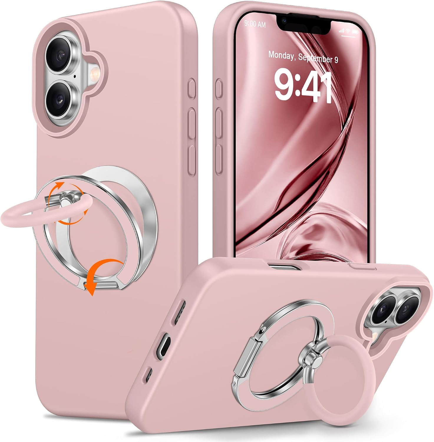 XYZ iPhone 16 6.1インチ用ケース、ソフトシリコンダブルリングスタンド、プレミアム液体シリコン保護カバー、スムーズなタッチ、マイクロファイバーの裏地付き耐衝撃ピンク