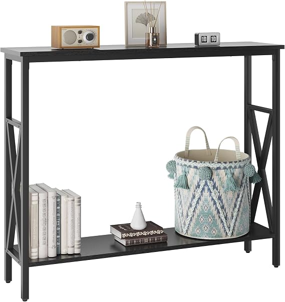 YMYNY Console Table Narrow Sofa Table with Shelves Black HST007B