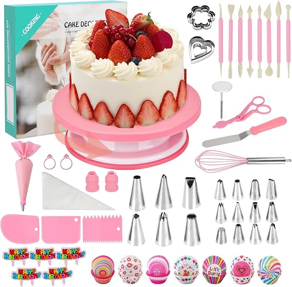 285 Pcs Cake Decorating Kit, Cake Turntable and Decorating Set, Cake Baking Accessories with Piping Bags and Nozzles (Pink)