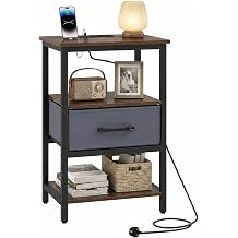 COSTWAY Bedside Table with Charging Station, Wooden Nightstand End Sofa Side Table with Fabric Drawer & Open Shelves, Metal Frame Bedside Cabinet for Living Room Bedroom (1PCS, Rustic Brown + Black)