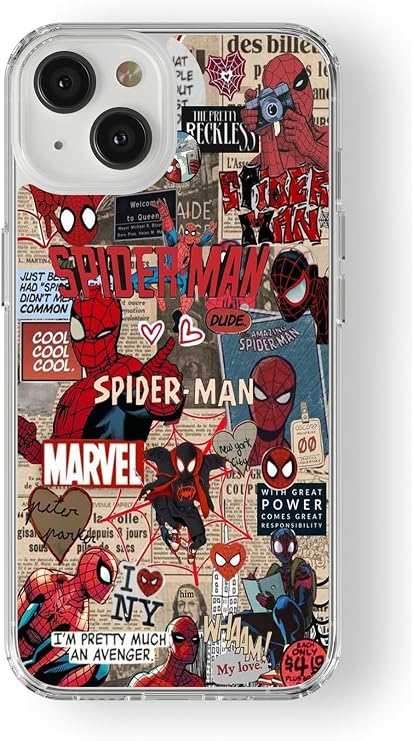 Multitronic iPhone 13 Mini Uyumlu Spiderman Kolaj Tasarım Baskılı Şeffaf Kılıf, space13mini170