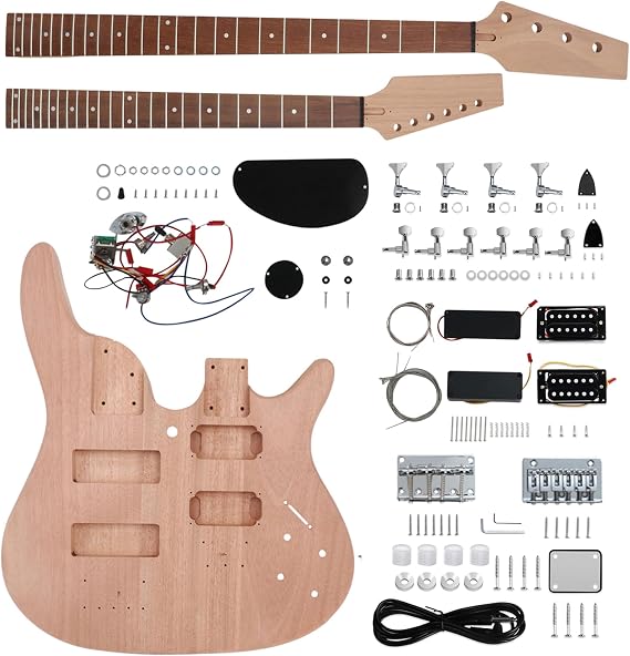 Unfinished Double Neck DIY Bass Guitar Kit 4 &6 String Mahogany Body & Neck