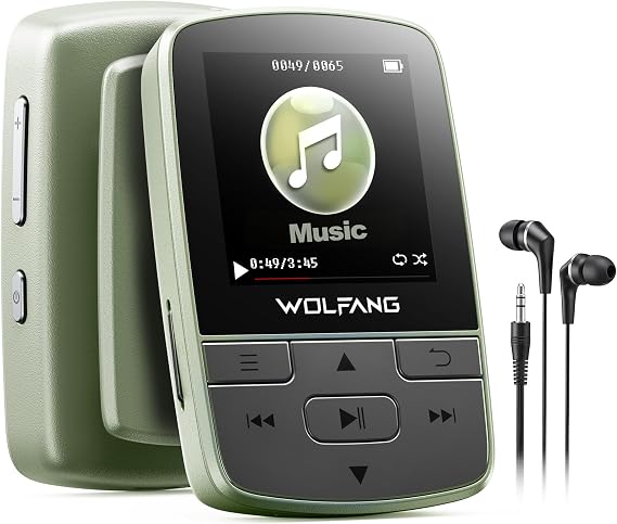 WOLFANG MP3-Player mit Bluetooth 5.2 Sportclip Mini-Größe Gewicht 283 g HiF-FM-Radio Diktiergerät Kopfhörer im Lieferumfang enthaltenMilitärgrün