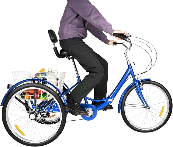 24 Inch Foldable Adult Tricycle, 7-Speed Folding Trike with Backrest & Rear Basket, Adjustable Cycling Tricycle for Seniors, Adults, Shopping, Leisure Riding & Outdoor Sports, 120KG Load