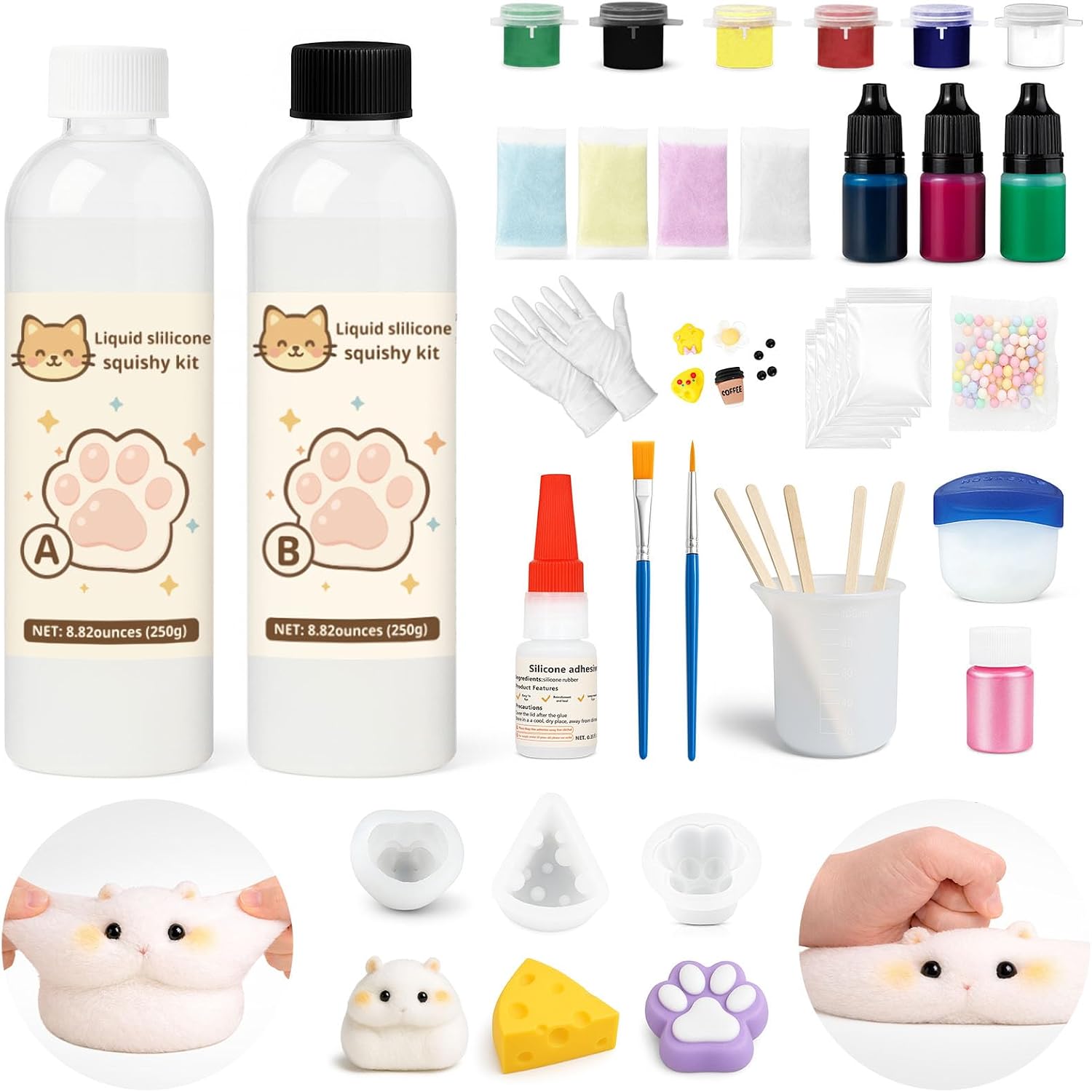 LAMXIN Sensory Stress Relief Squishy Making Kit, 18oz Liquid Silicone DIY Fidget Toy, Easy Mix 1:1 AB Silicone, Squeeze Calming Sensory Toy for Anxiety & Relaxation, Includes Cat Paw & Hamster Molds