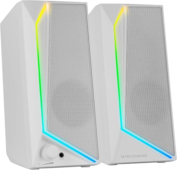 Mars Gaming MS72, Gaming Speakers 15W, RGB Flow Lighting, 2 Active Drivers, DSP Chipset, USB Plug&Play Connection and 3.5mm Jack, Wheel Volume Control and Audio Port for Headphones, White