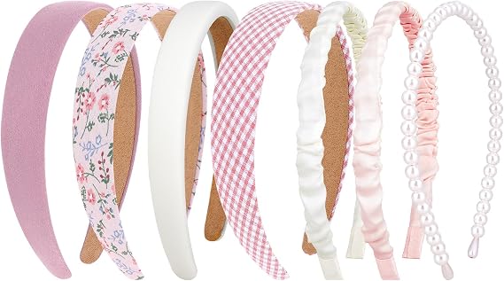 SHENLIU 7 Pack Fashion Headbands for Women, Non Slip Padded Pearl Headband & Floral Hair Bands, Vintage Soft Wide Elastic Headband Set for Daily Wear, Weddings, Parties, Pink Mix