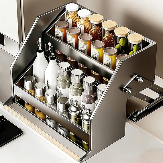 2-Tier Pull Down Shelf Wall Mount Cabinet, Pull Down Shelf Heavy Duty Cabinet Organizer, Space-Saving, for Pantry/Cupboard/Office gray 2F-30cm