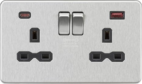 Knightsbridge 13A 2G DP Switched Socket with Dual USB A+C [45W FASTCHARGE] - Brushed Chrome with black insert