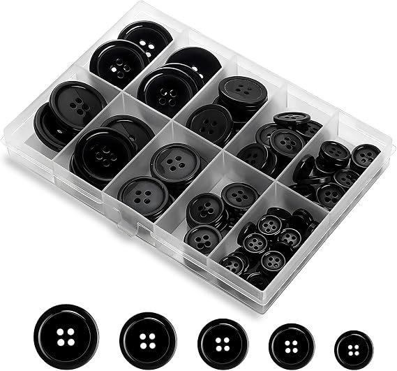 100 Pcs Black Mixed Buttons, 5 Sizes Resin Buttons with 4 Sewing Holes and Storage Box, Ideal for Sewing, Cardigans, Trousers, Clothes Making, Art