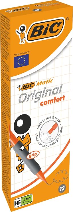 BIC Matic Original Comfort, Mechanical Pencils with 0.7mm Pressure Resistant HB Lead, Assorted Barrel Colours (Blue, Orange, Yellow & Grey), Pack of 12