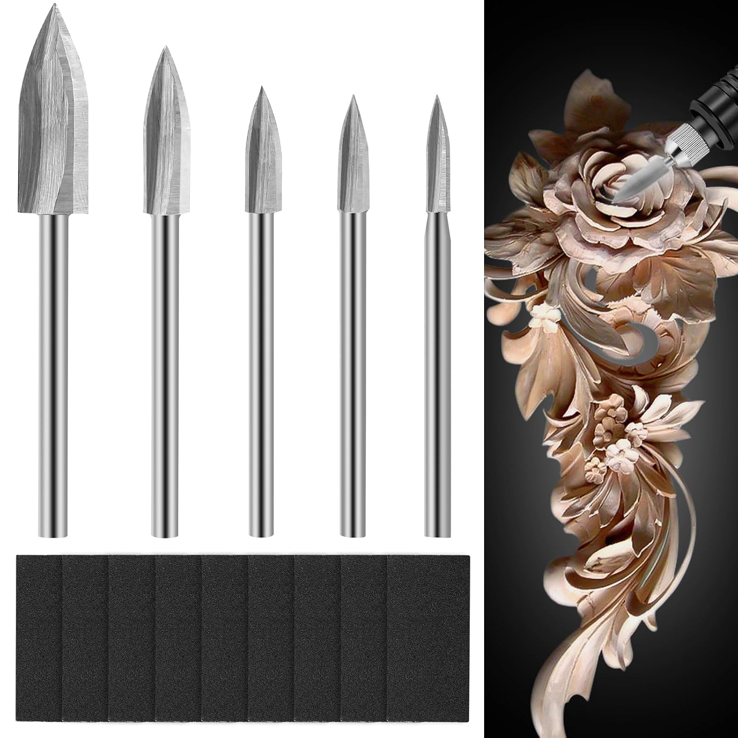 Holzschnitzerei Bohrer Set für Rotary Tool 5 Stück Gravierbohrer Holz mit 10 Schmirgelpapier Holz Fräser mit 3 mm Schaft für Holz Frässtifte für Heimwerker Holzarbeiten Schnitzen Gravieren Bohren