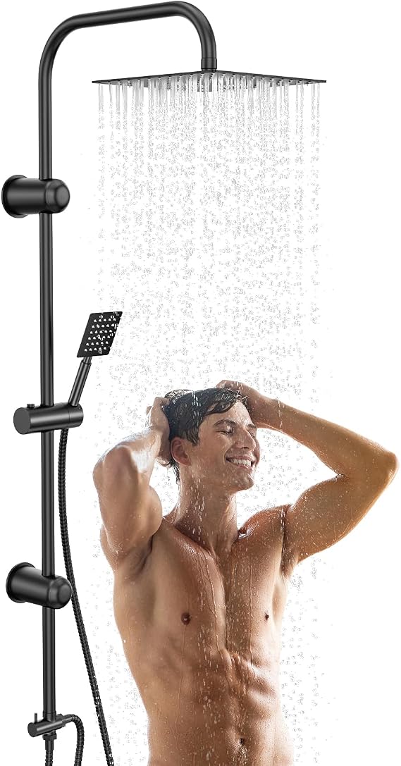 Shower Column without Tap, Shower Panel with Brass Diverter, Square Rain Sprayer 20 x 20 cm, Height Adjustable Stainless Steel Shower Rod, 2 Hand Shower Modes, Chrome