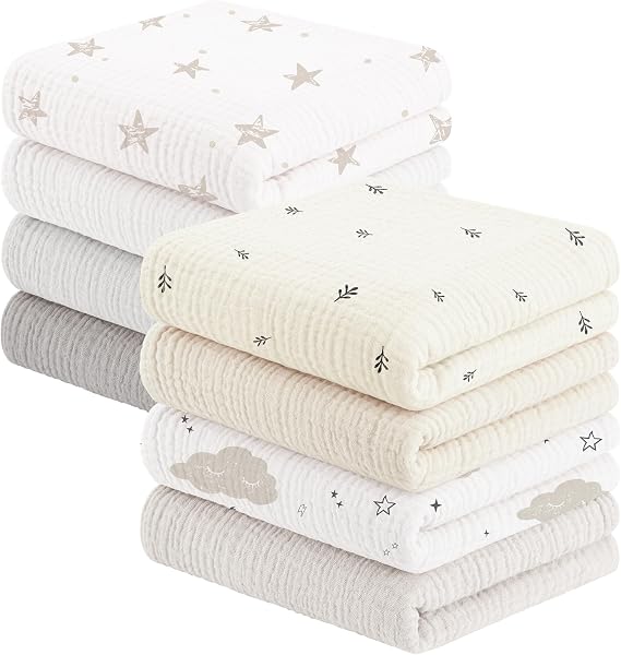 Susurration Muslin Cloths for Baby, 100% Cotton Baby Muslin Squares Cloths for Newborn Boy and Girl, Soft, Breathable and Extremely Absorbent Baby Muslin Burp Cloths, 60 x 60 cm, 8 Pack