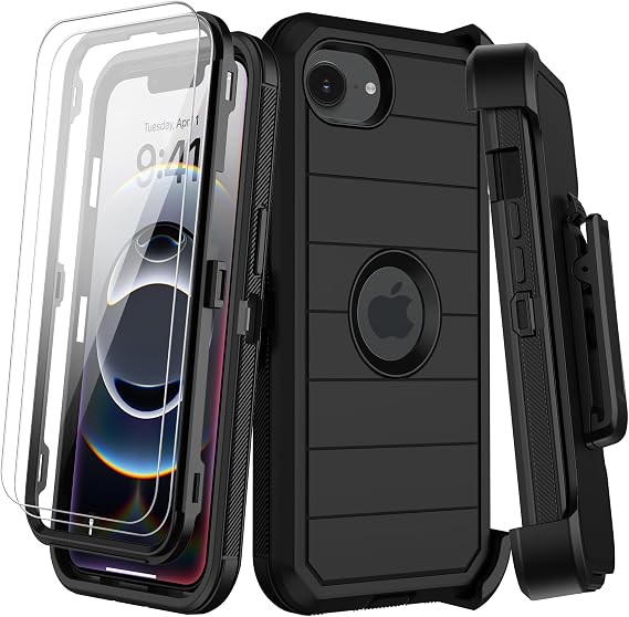 KECAI iPhone 16e用ケース、ベルトクリップホルスター、スクリーンプロテクターX2、高耐久 耐衝撃 落下保護 ミリタリーグレード 3層 フルカバー 頑丈で耐久性のある携帯電話カバー Apple 16e用 ブラック