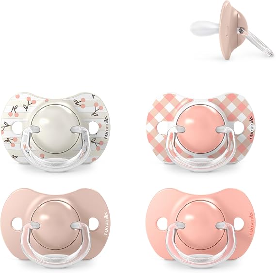 Suavinex, Pack of 4 Pacifiers for Babies 0-6 Months and Newborns, with Silicone Physiological Teat SX Pro Symmetrical, Flat and Flexible, Respects Oral Development, Birdies and Wild&Free, Pink