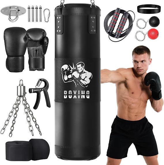 Punching Bag for Adults Ninonly 120cm Heavy Boxing Bags with Boxing Gloves,Reaction Ball,Hand Grip Strengthener and Jump Rope for Kickboxing Muay Thai Karate Judo Taekwondo Home Gym Training-Unfilled