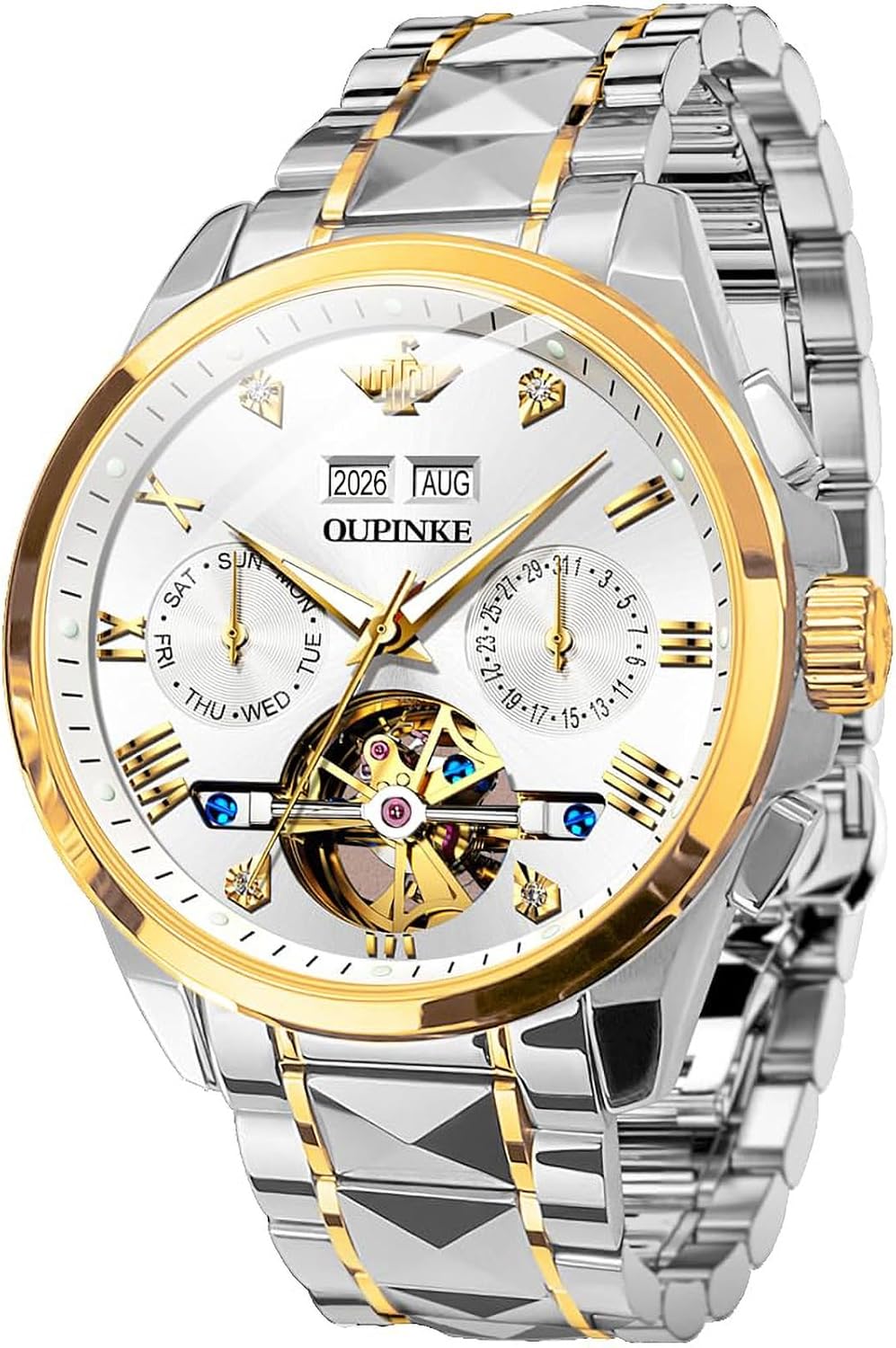 OUPINKE Men's Watch Automatic 44mm Big Dial Tungsten Steel Strap Date Waterproof Luxury Sapphire Crystal