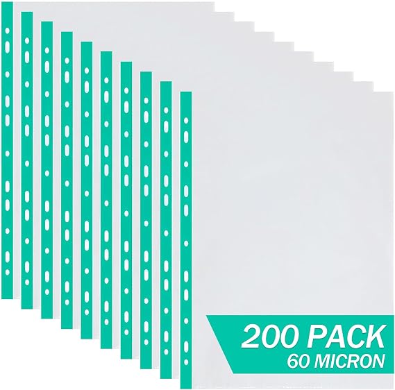 TAOBWN 200 Pcs A4 Punched Pockets, 60 Micron Extra Strong Plastic Wallets, Waterproof and Scratch-Resistant,Top Opening Poly Pockets Ideal for Lever Arch Files & Ring Binders(Green Edge)