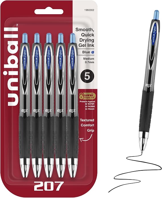 uniball 207 Retractable Gel Pens, Medium Point (0.7mm), Blue, 5 Pack