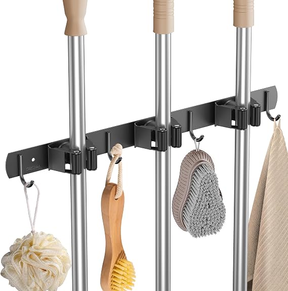 3 Position Wall Mounted Mop Holder, Stainless Steel Broom Hanger with Hooks