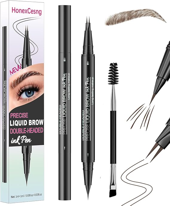 Microblading Eyebrow Pen, 2-in-1 Waterproof Brow Tint, Faux Brow, 2-Fork Tip & Ultra-Fine Point for Hair-Like Strokes, 48H Smudge-Proof, Includes Brow Brush & Comb, Natural Shades