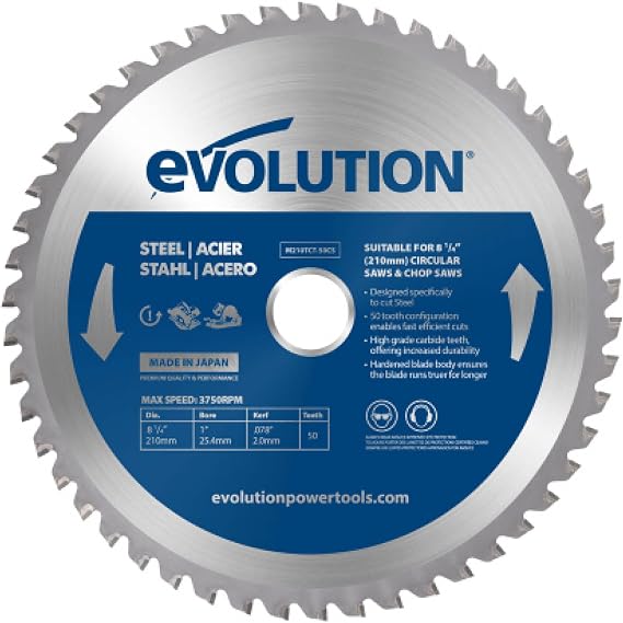 Evolution M210TCT-50CS Evolution 210mm Saw Blade for Cutting Mild Steel - The 50 Tooth Carbide Tipped Metal Saw Blade does not generate heat, burrs or sparks