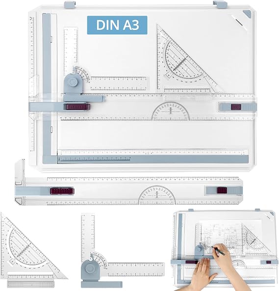 QWORK Drawing Board DIN A3 Multifunctional Drawing Board Set with Adjustable Measuring and Precision Tools