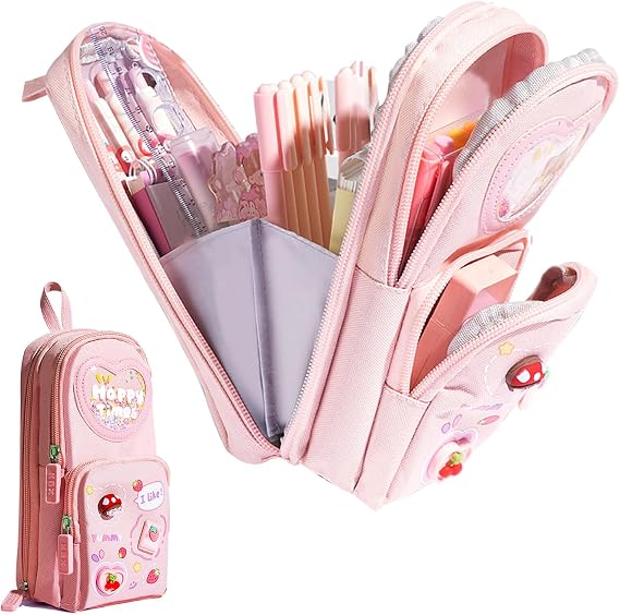 Pencil Case, with 3 Compartments, Pink