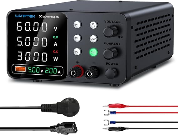 Bench Power Supply Variable 0-60V 0-5A, DC Power Supply Adjustable with Memory Preset/Locking Key/OCP Protection/Output Button/USB Fast Charging /4-Digit LED Display