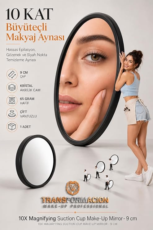 Transformacion 10X Büyüteçli Makyaj Aynası - Çift Vantuzlu Kristal Akrilik 9 cm Taşınabilir Seyahat Tipi Büyüteçli Ayna, Hassas Epilasyon, Gözenek ve Siyah Nokta Temizleme Aynası 723340