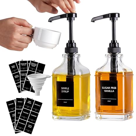2Pcs Coffee Syrup Dispenser,500ml Syrup Dispenser,Glass Syrup Bottle with Elegant Pumps and 36 Labels and Funnel & Pump,Syrup Pump Dispenser Honey Dispenser,Coffee Syrup Pump,Coffee Bar(Black)