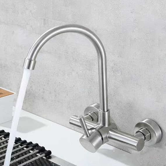Kitchen Sink Mixer Tap Wall Mounted Brushed Stainless Steel Mount Single Lever Faucet Wall-Mounted hot and Cold B