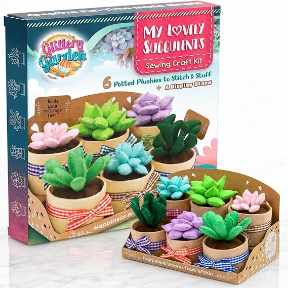 Felt Succulents Craft Kit. Make 6 Potted Colorful Plushies & A Display Rack. Mini Garden DIY Sewing Project, Activity Set, Arts & Crafts Supplies - Great Gift for Teens and Adults
