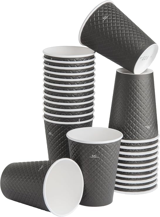 25 adet siyah çift duvarlı kahve bardağı 12 oz, parti kağıt bardaklar 300 ml, soğuk ve sıcak içecekler için siyah dalgalı bardaklar, Waffle Siyah
