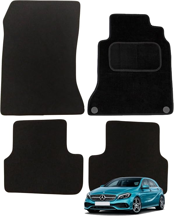 Fully Tailored Car Mats for Mercedes A Class W176 2013-2018, Set of 4 Floor Mats, Black with Black Trim with 2 Safety Clips by Connected Essentials